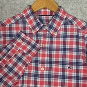 Vineyard Vines Plaid On-the-Go Performance Button-Down Shirt-Pink/Blue-Men Small